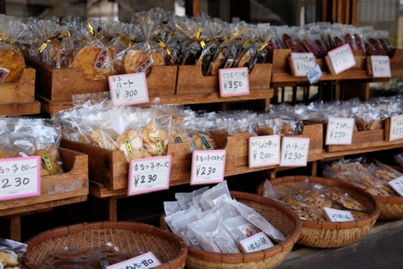 A variety of different senbei on display